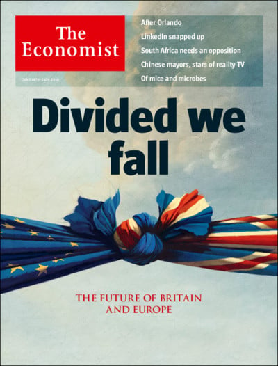 ภาพที่2 : ปกนิตยสาร The Economist ที่ตีพิมพ์หนึ่งสัปดาห์ก่อนวันลงประชามติ....โดยภาพหน้าปกแสดงถึงการผูกพันกันอย่างลึกซี้งระหว่างอังกฤษและสหภาพยุโรป และคำโปรยหน้าปกยังระบุเป็นนัยว่า การแยกออกจากกันจะนำพาซึ่งการตกต่ำร่วมกันของทั้งอังกฤษและสหภาพยุโรป