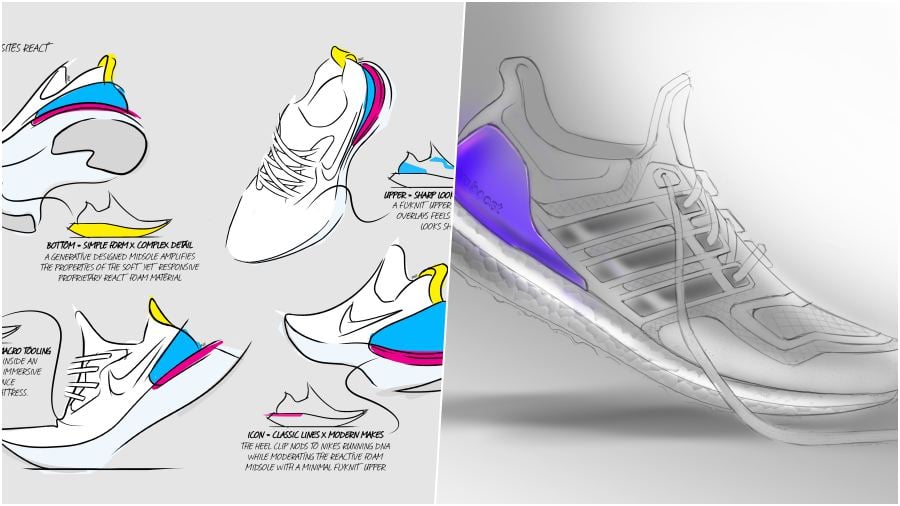 การออกแบบของรองเท้าทั้งสองรุ่นของ Nike React และ Adidas Ultra Boost